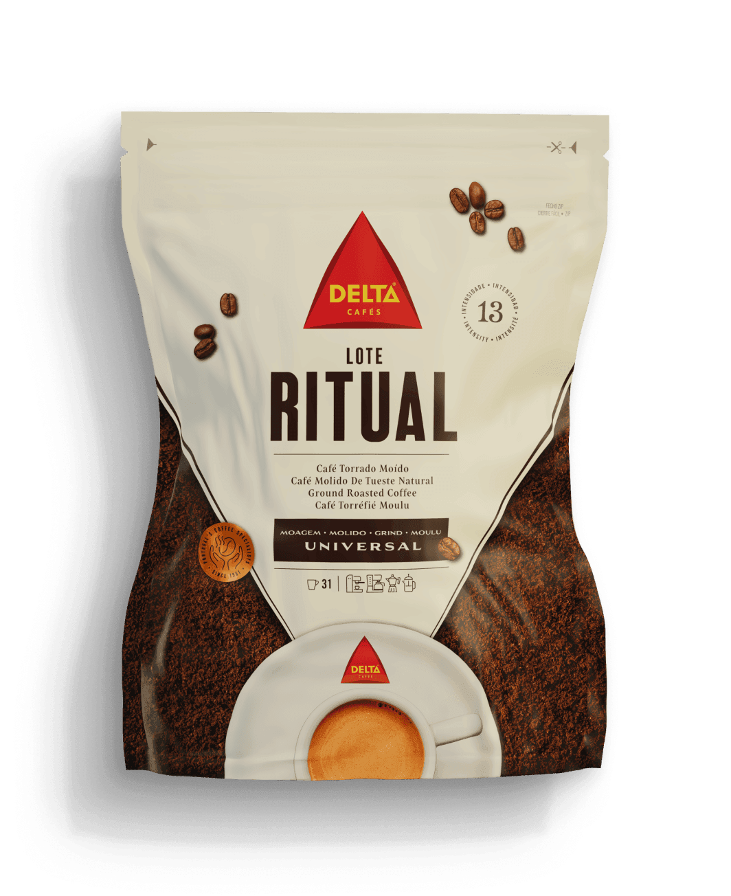 White pouch of Delta Cafés Lote Ritual ground roasted coffee, with coffee grounds visible and an espresso cup graphic.