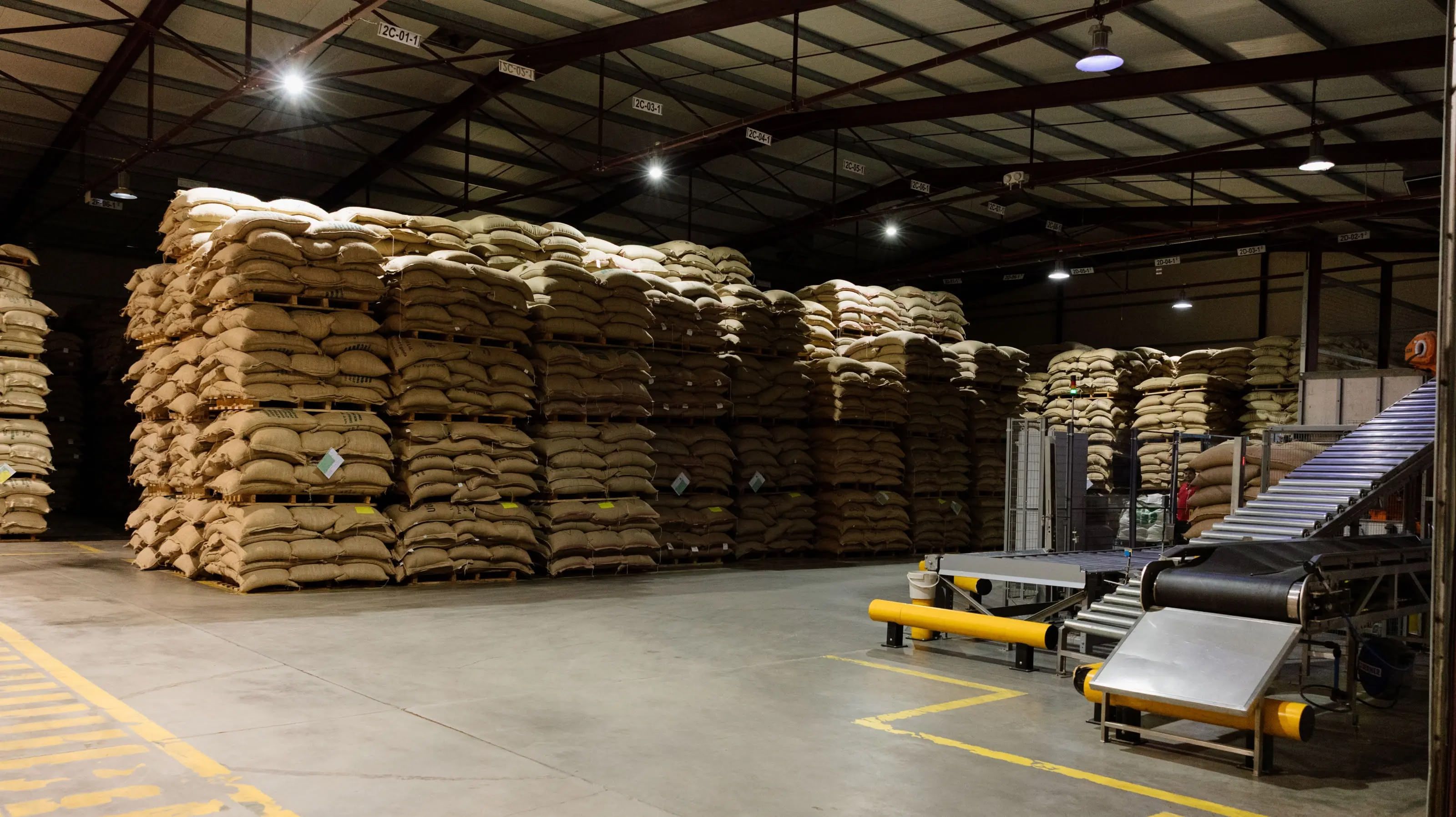Armazém da Delta com sacos de café empilhados.